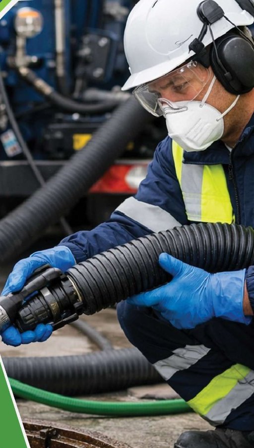 Worker in safety gear handling a drain suction hose
