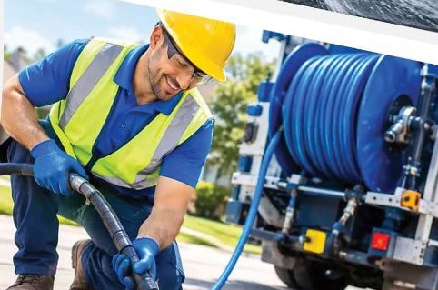 Drain technician using a jetting hose