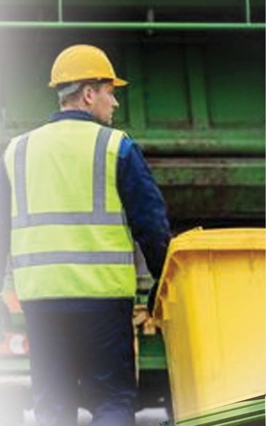 Worker in high-visibility vest handling a waste bin